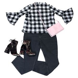 Crown & Ivy Flannel Black and Gray Checkered Blouse with Bell Sleeves Size XL